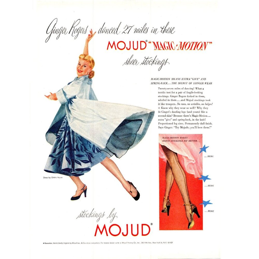 1951 Mojud Magic Motion Stockings Pantyhose Vintage Print Ad Ginger Rogers Art